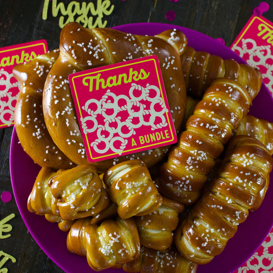 Variety soft pretzels with Thank You sticker