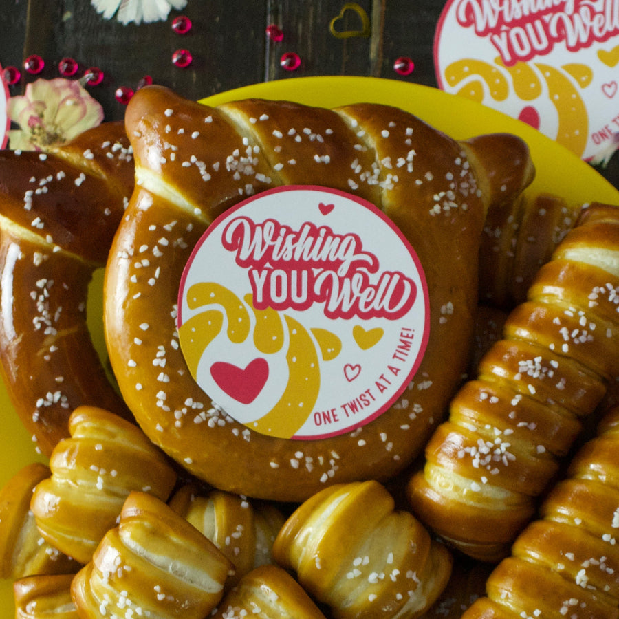 Variety soft pretzels with Well Wishes sticker